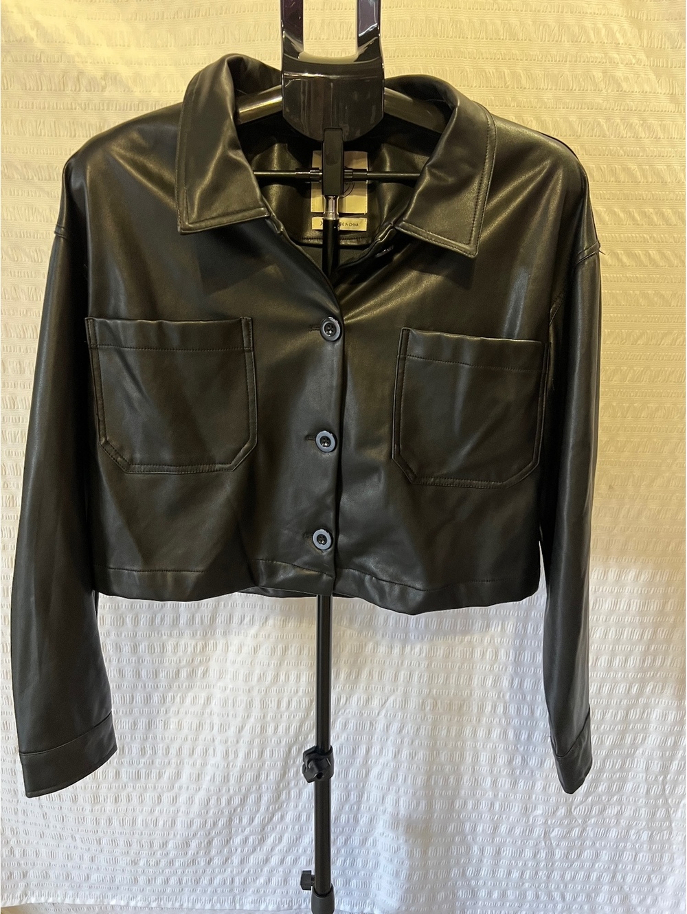 STOOSH Faux Leather Cropped Utility Jacket XL Black Button Front Patch Pockets